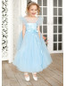 Sky Blue Tulle Puff Sleeves Flower Girl Dress